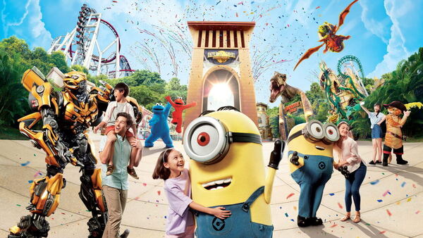 Minions, Bumblebee and Sesame Street characters at the entrance arch of Universal Studios Singapore, Resorts World Sentosa